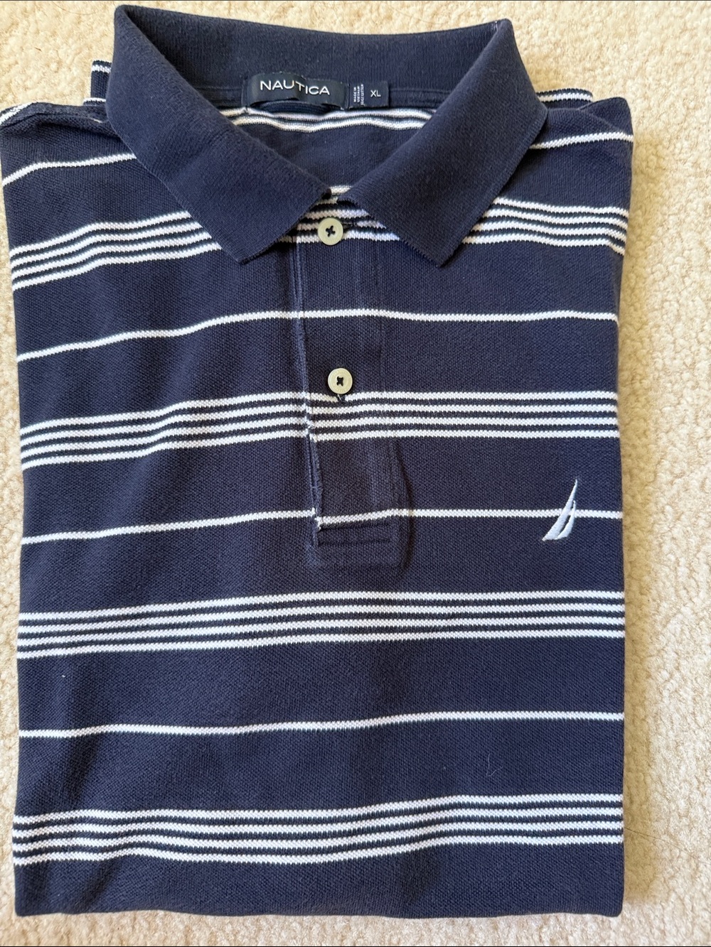 Nautica Navy and White Striped Polo in XL 100% cotton
